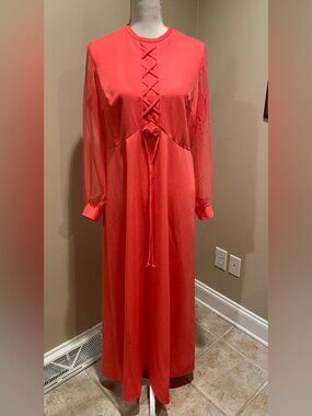 Vintage 70s Coral Red Maxi Dress Sheer Chiffon Sleeves Zip Back Size L